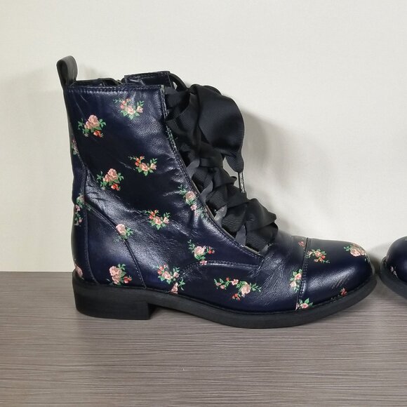 BP Floral Combat Boots with Ribbon Laces, Navy, Womens Size 6.5 - Picture 6 of 13